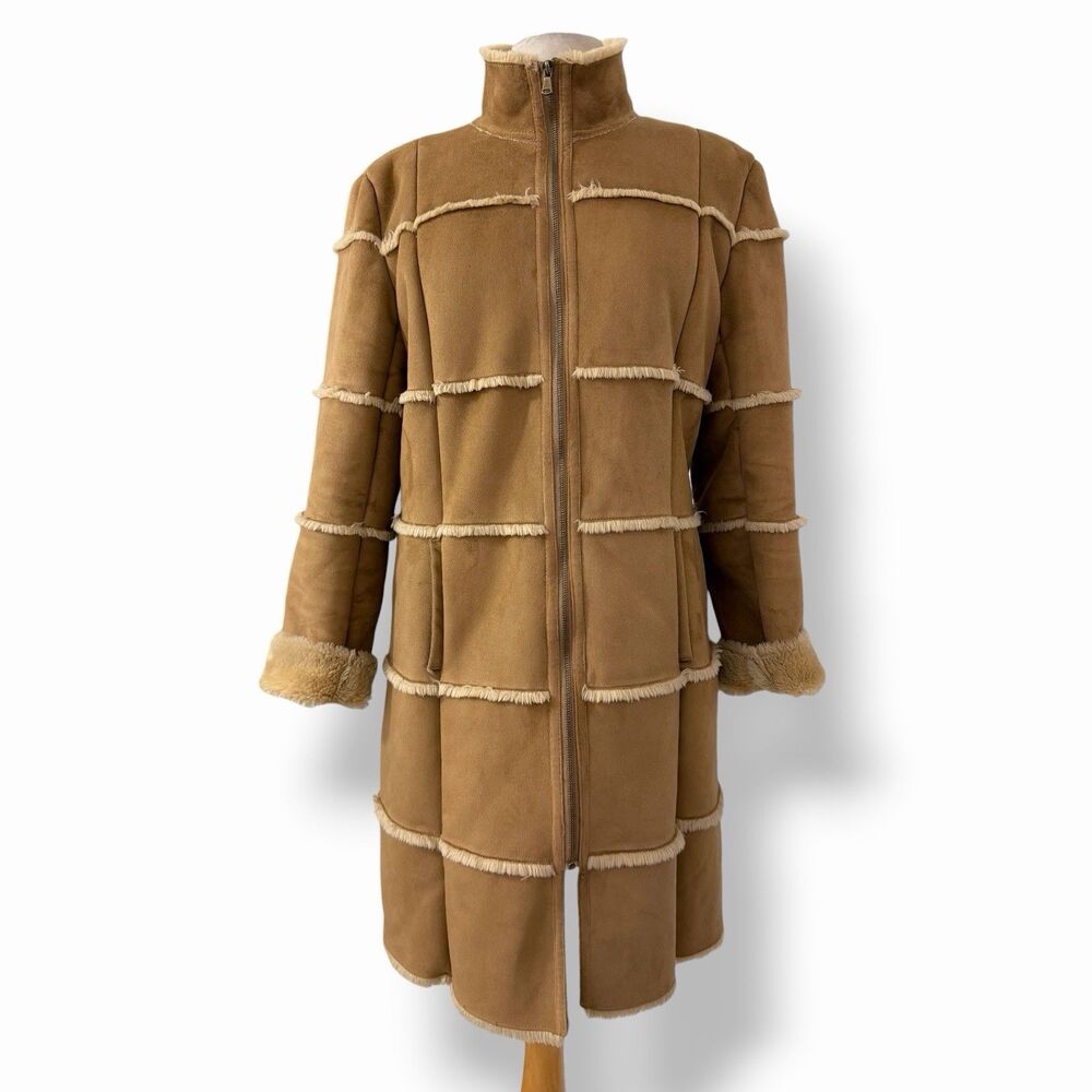 Scandinavian Faux Fur Camel Suede Patchwork Zip Shearling Grid Coat Jacket Large